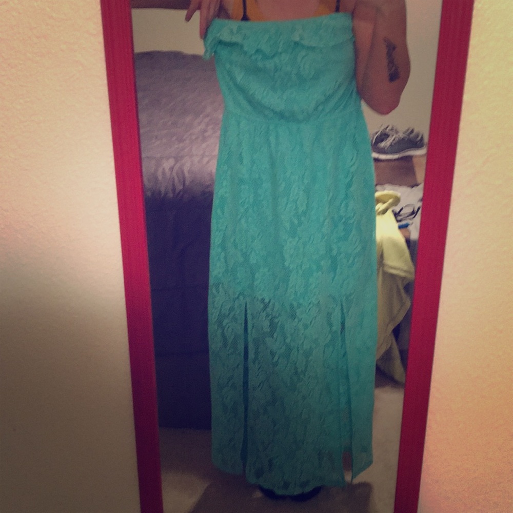 Blue/ sea green long lace dress.